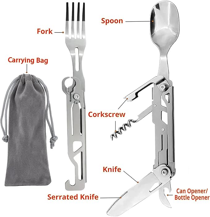 HONZIN Camping Utensil Set 5-in-1 Multi Functional Folding Flatware Set, Pocket Utensil Set Portable Detachable Stainless Steel Knife Spoon Fork Bottle Opener, Can Opener Combo Set with Carrying Bag