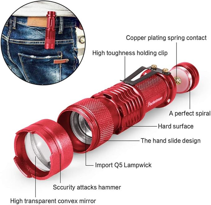 5 Pack LED Mini Flashlights 7W 300LM SK-68 3 Modes Q5 LED Tactical Flashlight for Camping Hiking Emergency (Red)