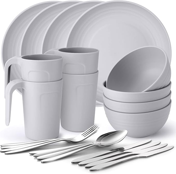 Odoland Camping Utensils Consists of Camping Plates and Bowls & Camp Mug Mess Kit for Camping 4 People to Cooking Backpacking Hiking