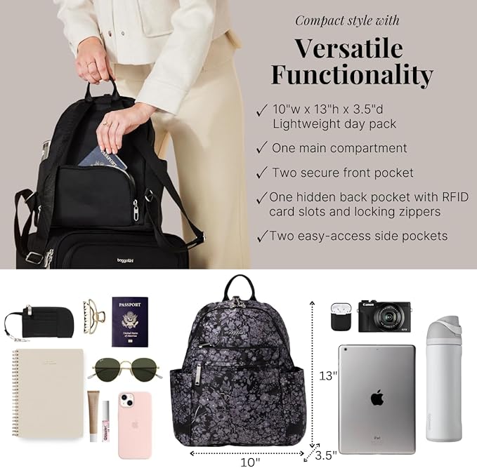 Securtex® Anti-theft Vacation Travel Backpack 10x13" Slash-Resistant Nylon Daypack w/RFID, Black Hydrangea