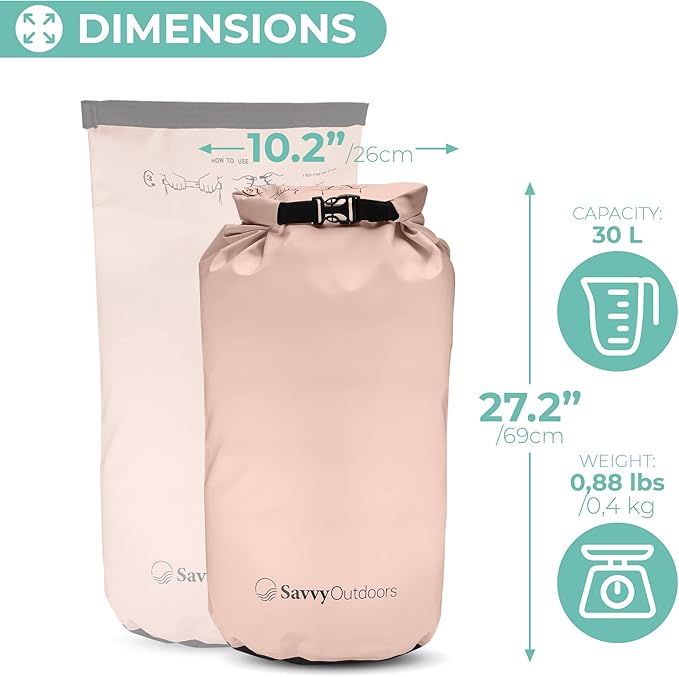 Savvy Outdoors Waterproof Dry Bag - Dry Bags for Food & Gear, Stuff Sacks for Backpacking and Camping Equipment, Waterproof Bag for Beach, Boating, Kayaking, Available in 5L, 10L, 20L, or 30L, Blush