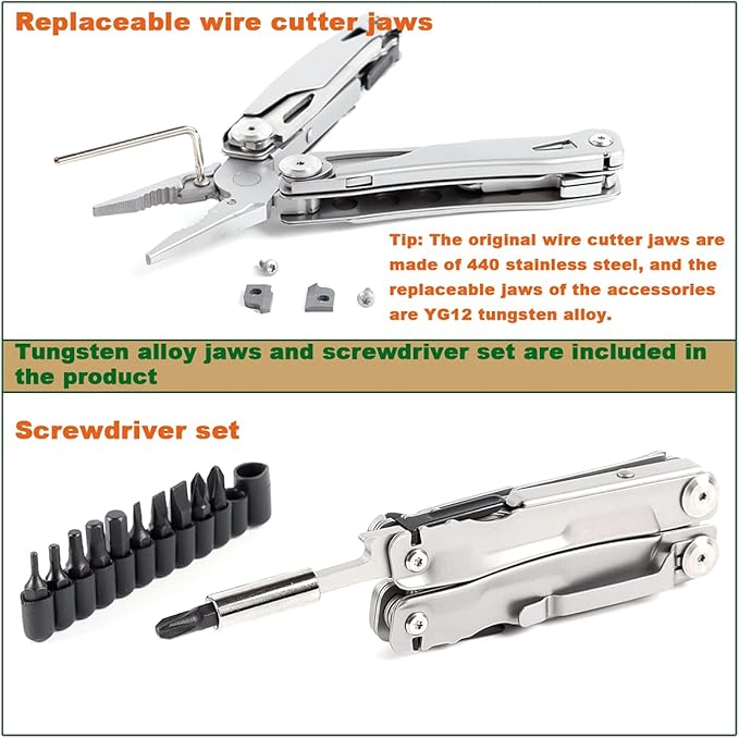 Multitool Pliers Scissors with Replaceable Jaws Stainless Steel Pocket Multitools Pliers and Scissors with Pocket clip for Camping Hiking and Daily Maintenance