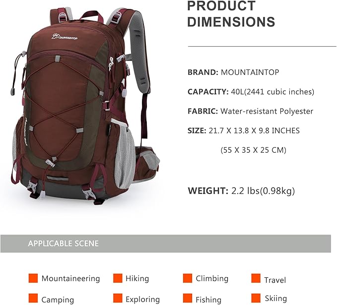 MOUNTAINTOP 40L Hiking Backpack Travel Daypack with Rain Cover for Outdoor Backpacking, Camping
