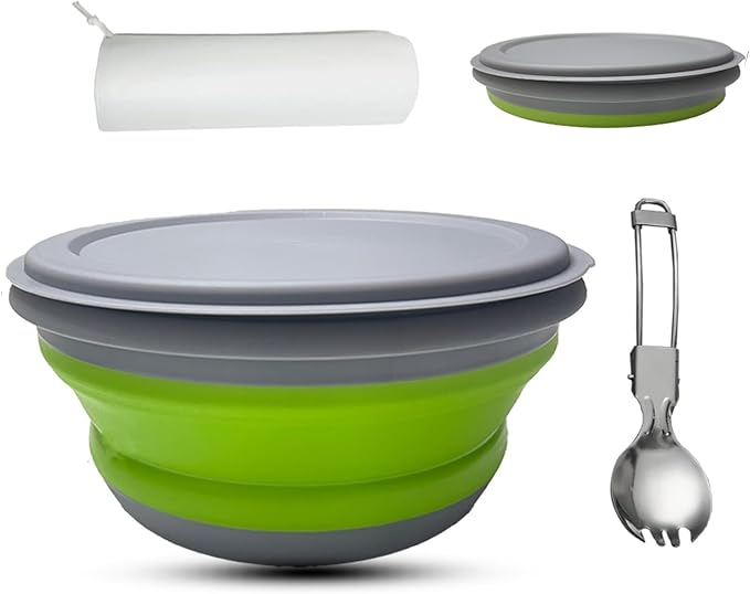 RMAMSCOV Camping Bowl, 3 PCS Food Grade Silicone Collapsible Bowl Lunch Box Salad Bowl with Lid, Expandable Food Storage Containers Set with Free folding tableware and storage bag (Green-600ml)