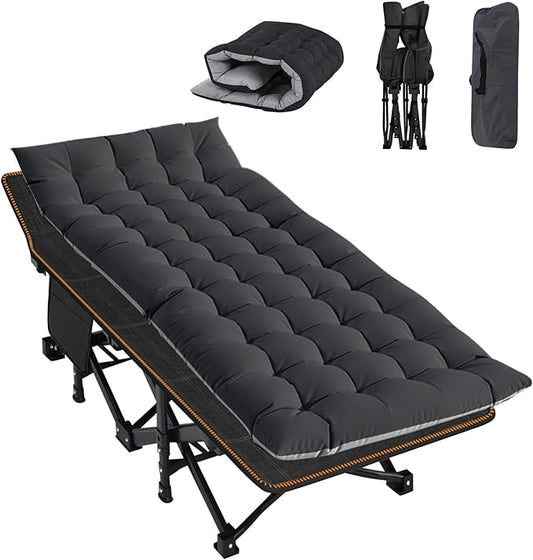 ABORON Folding Camping Cot W/Mat for Adults, Heavy Duty Outdoor Bed with Carry Bag,1200 D Layer Oxford Travel Camp Cots (Black Cot with Black Cotton Pad)