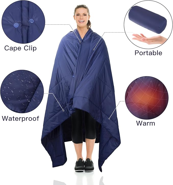 Camping Blanket, Outdoor Windproof Down Camping Blanket, Thicker Water Resistant Lightweight Camping Blanket, Portable, Wearable, Warm for Camping, Traveling, Hiking, Extra Large (79 "x 55"), Navy