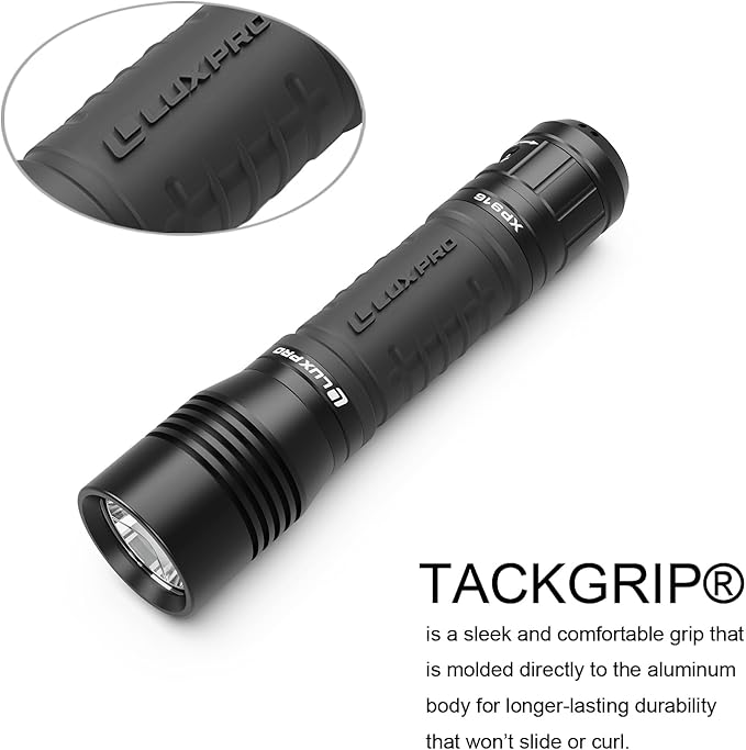 LUXPRO Pro Series 800 Lumen LED Rechargeable Flashlight - Features Patented TackGrip with Aircraft-Grade Aluminum and LPE Optics - Camping Accessories with Micro USB Charge Port - Batteries Included