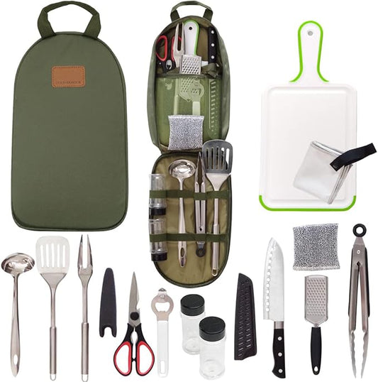 Camp Kitchen Utensil Organizer Travel Set Portable BBQ Camping Cookware Stainless Steel Utensils Travel Kit Outdoor Equipment Cutting Board Tongs Scissors Knife Ladle Spatula