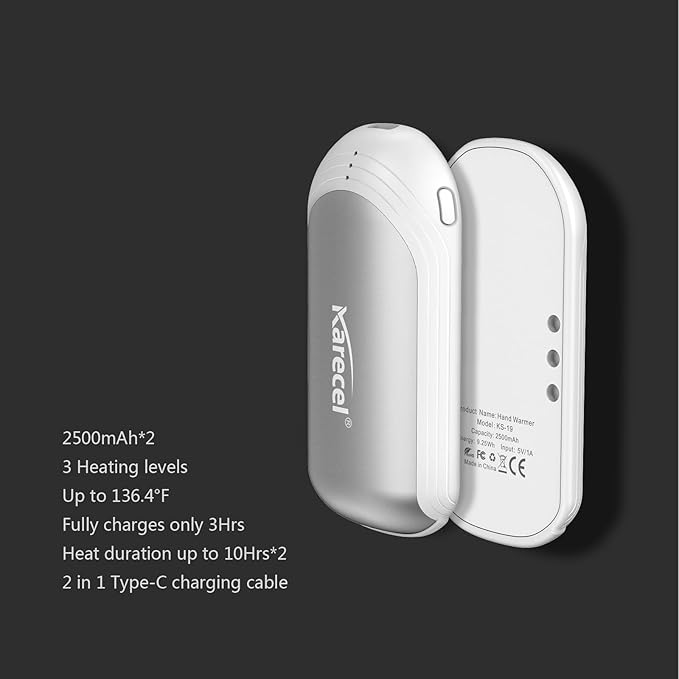 Karecel Hand Warmers Rechargeable 2 Pack, 5000mAh Hot Electric 2 in 1 Hand Warmer Portable Pocket Heater Reusable Handwarmers, Best Electronic Gifts for Men Women Kids, Hunting, Golf, Camping