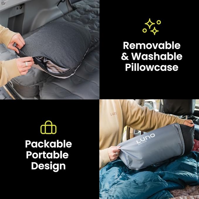 Luno Camping Pillow - Travel Friendly, Packable, Shredded Memory Foam Fill Travel Pillow. Washable Removeable Cover with Dual-Sided Comfort. Designed in The USA.