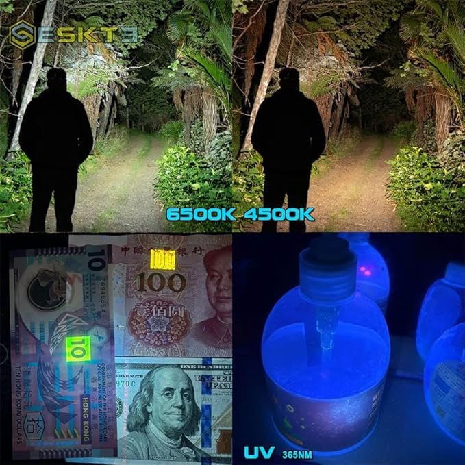 EC200S-UV 1400 lumens White and UV 365nm USB-C Rechargeable Powerful Aluminum Flashlight - Lightweight, Compact Mini Pocket light Camping Hiking Running Waterproof Outdoor (High CRI 4500K, Black)