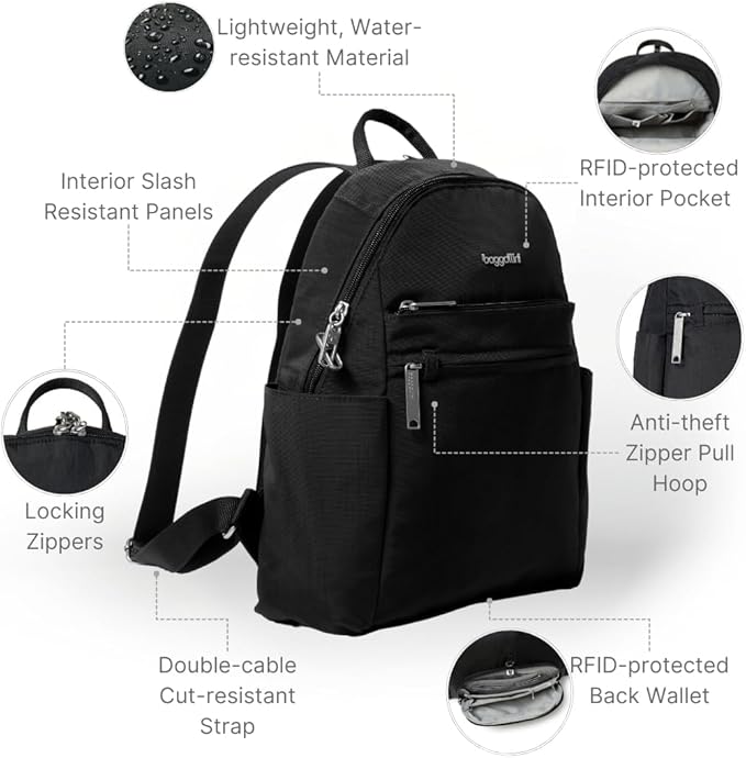 Securtex® Anti-theft Vacation Travel Backpack 10x13" Slash-Resistant Nylon Daypack w/RFID, Black