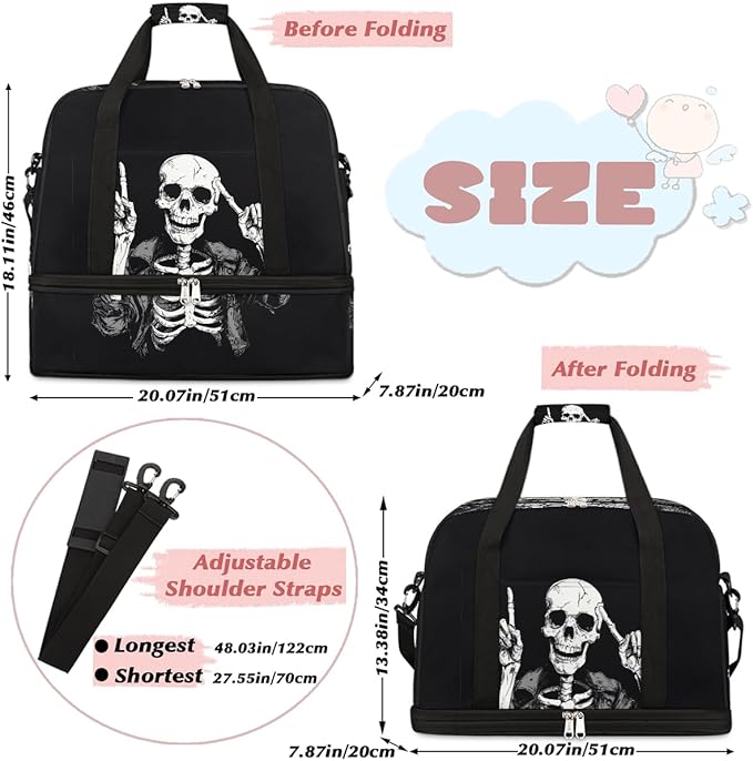 Sports Gym Bag, Human Skeleton Skull Halloween Travel Duffel Bag with Shoes Compartment Waterproof Overnight Bag Workout Weekender Bag Boys Girls Yoga Dance Bag Gym Tote Bag for Women Men