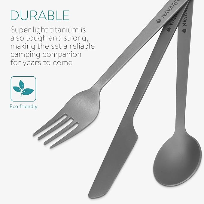Navaris Titanium Camping Cutlery Set - Lightweight Camping Utensils for One - Knife, Fork and Spoon with Carabiner Clip and Case for Hiking and Travel
