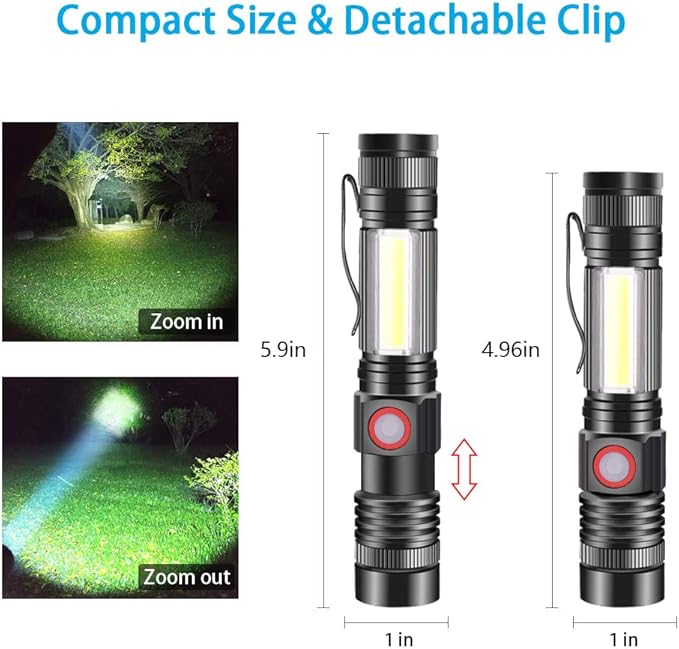 iToncs LED Rechargeable, 2000 Lumens Super Bright Magnetic Flashlight with COB Work Light, Waterproof, 4 Modes, Pocket Tactical Flashlights for Outdoor Camping Emergency 2 Packs