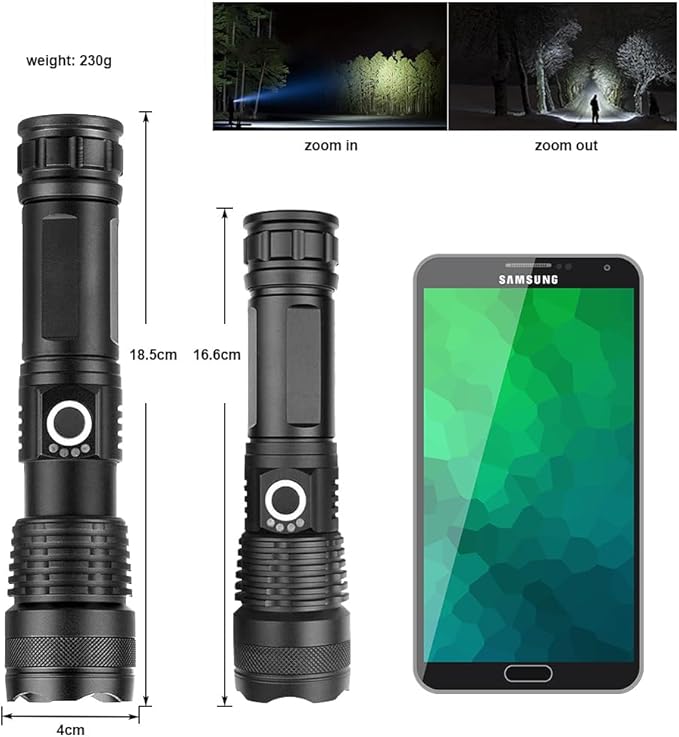 Rechargeable Handheld Flashlight - Super Bright - Zoomable - Adjustable Focus - 5 Modes - High Lumens - Waterproof IPx5 - Tactical for Emergencies, Hiking, Camping, Home & More., Black
