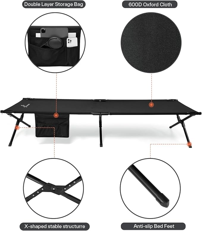 Sportneer Camping Cot: 78.3"x28.7"x14.6" Comfort Cot Bed for Camping Traveling Guest Bed, Sleeping Cots for Adults with Side Pockets & Storage Bag - Ease of Assembly, Support 330 Lbs