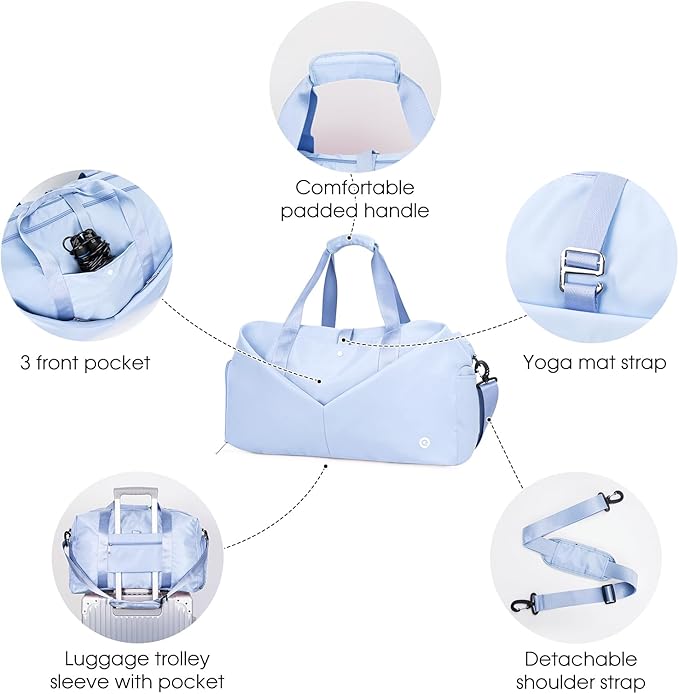 Ceneda 20" Gym Duffel Bag with Wet Pocket Shoes Compartment Portable Overnight Weekender Bag Travel bag Yoga Bag for Women (Light Blue)