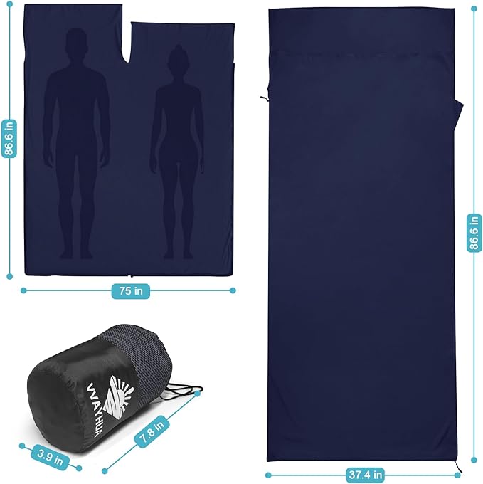 Sleeping Bag Liner, Sleep Sack Travel Sheets, Two-Way-Zipper Expose Feet Separately, Portable Single Camping Sheet for Hotel,Hostels,Business Trips