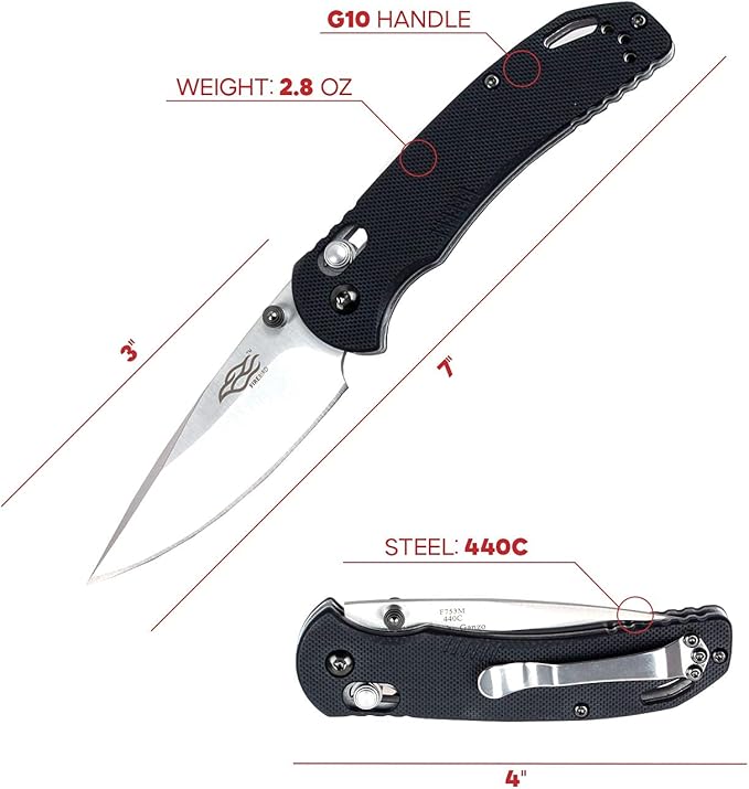 Firebird GANZO F753M1 Pocket Folding Knife G-10 Anti-Slip Handle with Clip 440C Stainless Steel Blade Camping Fishing Outdoor Folder EDC Knife (Black)