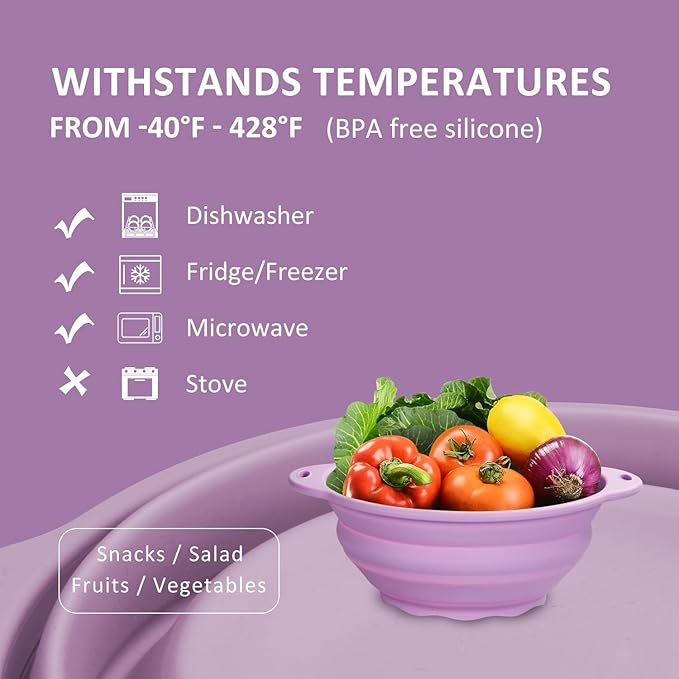 2 PACK Collapsible Bowls 88oz Large Collapsible Bowl for Camping Mixing Bowl Collapsible Salad Bowl for Outdoor Hiking Travel Storage and Mixing (Light Purple)