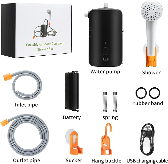 Portable Outdoor Shower, 4400 mAh Removable Rechargeable Battery, with LED Light, Battery Powered Shower Pump+Collapsible Bucket, Suitable for Hiking/Backpacking, Camping, Travel, Beach, Pet