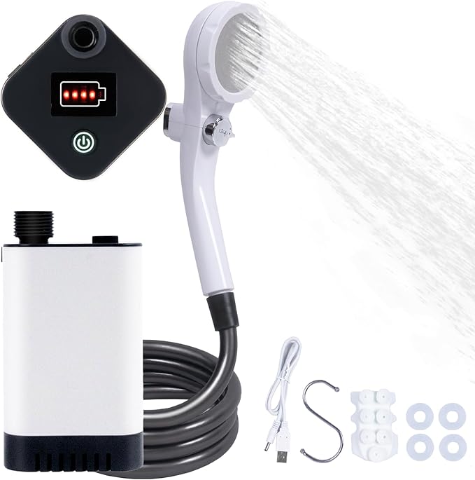 Upgrade Portable Camping Shower, Portable Shower for Camping, Outdoor Camp Shower Pump with 5200mAh Battery, 90 Mins Shower Time, Electric Shower Pump for Outdoor Bathing Pet Cleaning Garden Watering