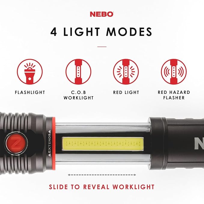NEBO SLYDE+ Tactical LED Flashlight, Powerful 400-Lumen Bright Camping Flashlight with Slide-To-Reveal Work Light, Red Hazard Light & Magnetic Base