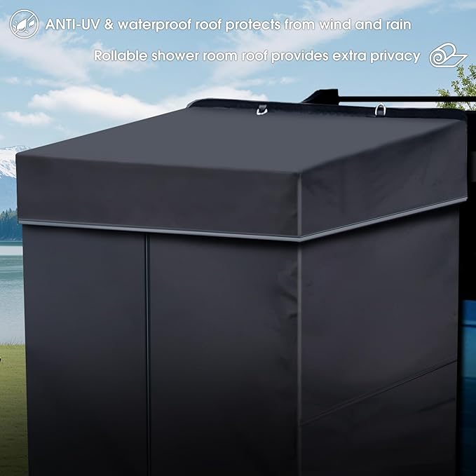 Shower Awning Tent with Roof, Vehicle Side Shower Room LED Light, 3ft x 3ft Camping Privacy Shelter Restroom Bathroom, UV-Resistant Waterproof Storage