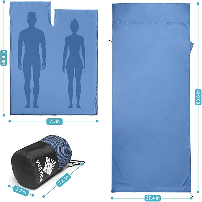 Sleeping Bag Liner, Sleep Sack Travel Sheets, Two-Way-Zipper Expose Feet Separately, Portable Single Camping Sheet for Hotel,Hostels,Business Trips