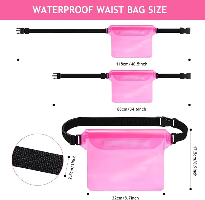 Hatisan Waterproof Pouch with Waist Strap, Waterproof Fanny Pack Keep Phone Valuables Safe and Dry Beach Accessories for Vacation Boating Swimming Snorkeling Kayaking Pool(2 Pack,Blue+Pink)
