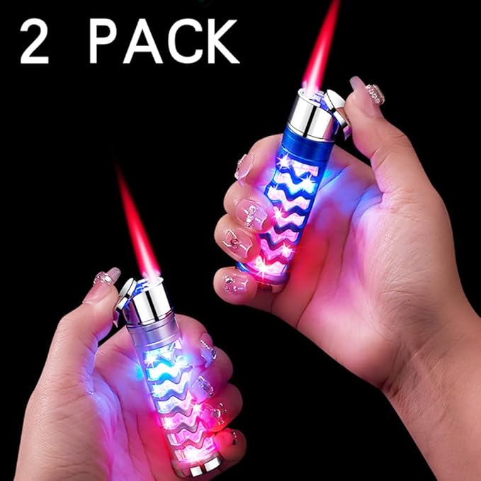 2 Pack Blue and Silver Windproof Butane Jet Torch Lighter,Funny Cool Lighters,Adjustable Jet Flame Torch,Refillable,Grill BBQ Candle Camping(Without Gas)
