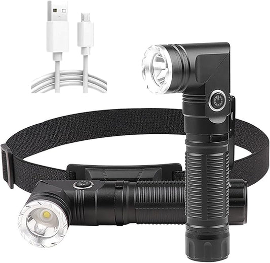 Rechargeable Glare Flashlights 900 Lumens, with Steel Clip & Headband 90 Degree LED Angle Flash Light, 3 Mode Tactical Flashlight, with Magnetic Tail Cover, Suitable for Camping Riding Garage Work
