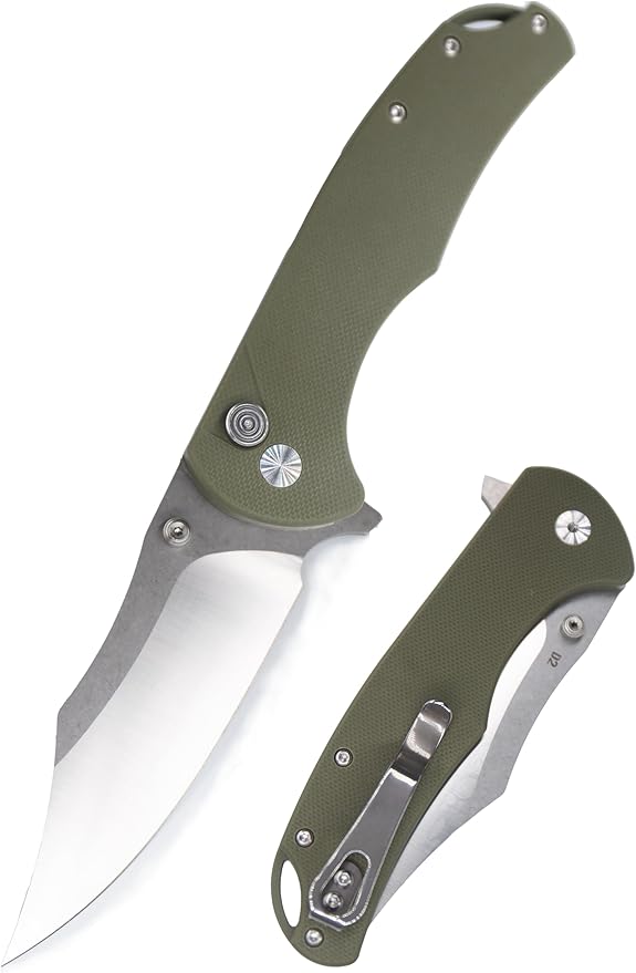 FD04 Folding Pocket Knife, D2 Steel Blade G10 Handle and Button Lock EDC Pocket Cool Knife for Men and Women, Camping Hunting Hiking Fishing Knives Tools (Green Clip)