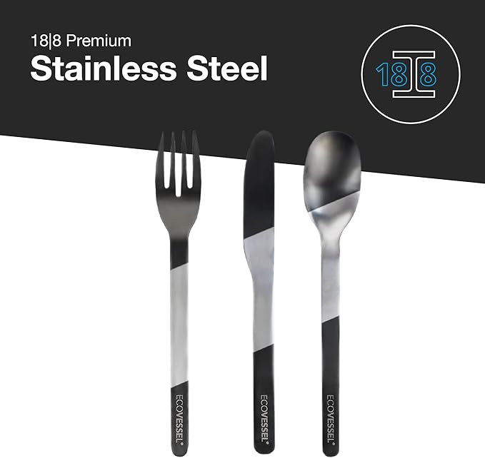 EcoVessel WANDERWARE Stainless Steel Utensils Set, Reusable Cutlery Set with Carry Case Camping Accessories, Travel Utensils With Case – 6 Pcs (Rainbow)