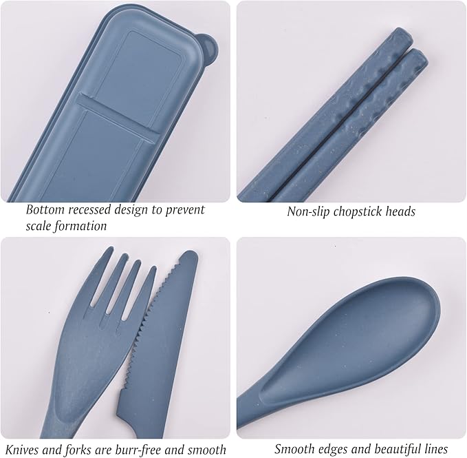 Travel Utensils with Case, Portable Wheat Straw Cutlery Set, Spoon Knife Fork Chopsticks Reusable Utensils for Travel Work Picnic Camping or Daily Use