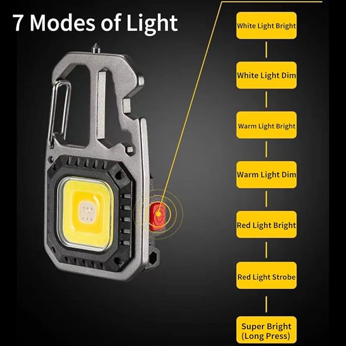 Cob Mini Flashlight Keychain Light, 500 Lumens Bright Rechargeable, Small Multi-Function Work Light, 7 Modes Portable Pocket Light Battery Display Bottle Opener for Camping Emergency Lighting