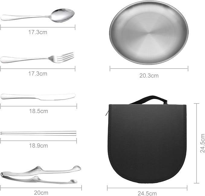 Stainless Steel Outdoor Camping Mess Kits - Includes Forks, Spoons, Knives, Chopsticks, Food Clip, Plates - Portable Cutlery Bag