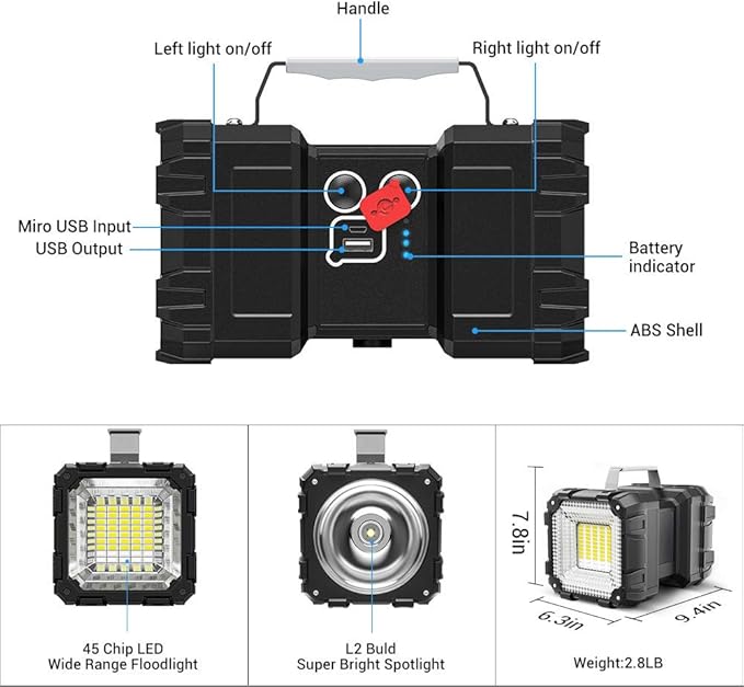 Bright Rechargeable Flashlight,JODK Portable Handheld Spotlight Searchlight 20000mAh 4000LM with 3+4 LED Lights Modes, High Lumen Waterproof Flashlight - XLarge