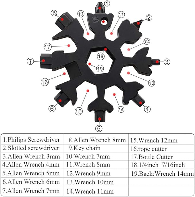 18-in-1 Snowflake Multi-Tool Screwdriver, Stainless Steel 18-1 Multitool Snow Tool (Black)