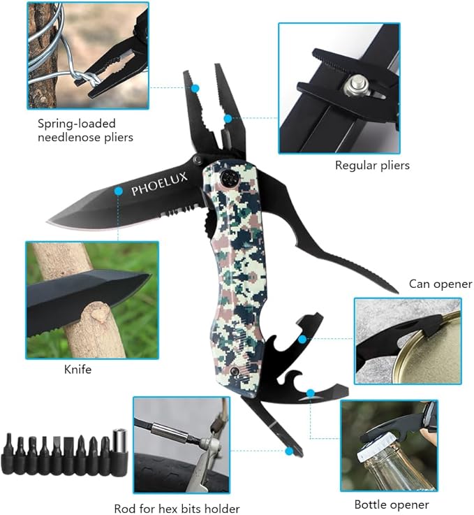 12-IN-1 Pocket Multitool (Camo) with Pocket Knife, Pliers, Can Opener, Bottle Opener, 9-in-1 Screwdriver Bit Set, Safety Locking and Nylon Sheath, Good for Outdoor, Camping and Hiking