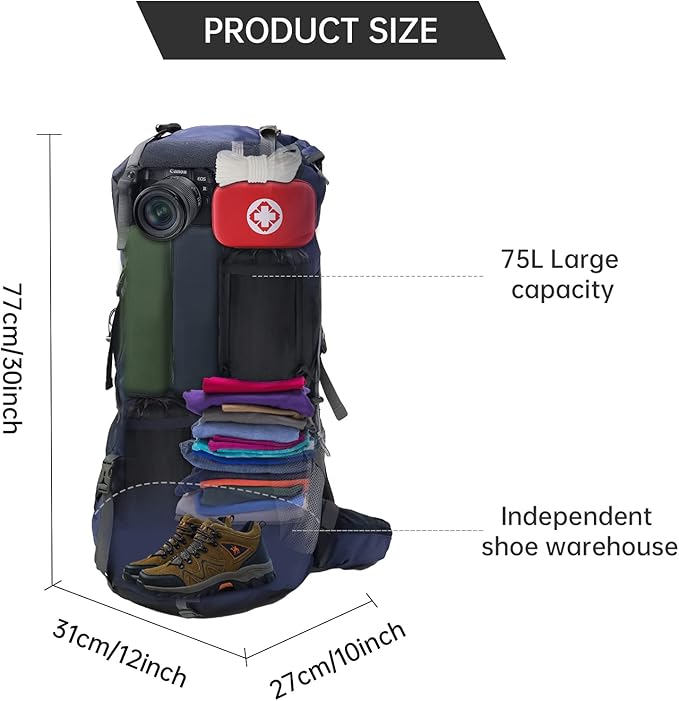 King'sGuard Hiking Backpack for Men and Women 70L+5L Waterproof Lightweight Camping Daypack with Rain Cover for Outdoor Travel Mountaineering - Frameless (Navy)