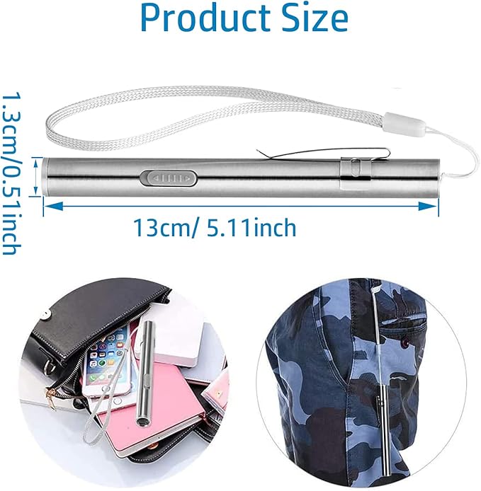 yuentoen Pen Light Flashlight, Rechargeable LED Super Bright Flashlight with Stainless Steel Clip and USB Cable for Home Camping Outdoor and Emergency - Silver