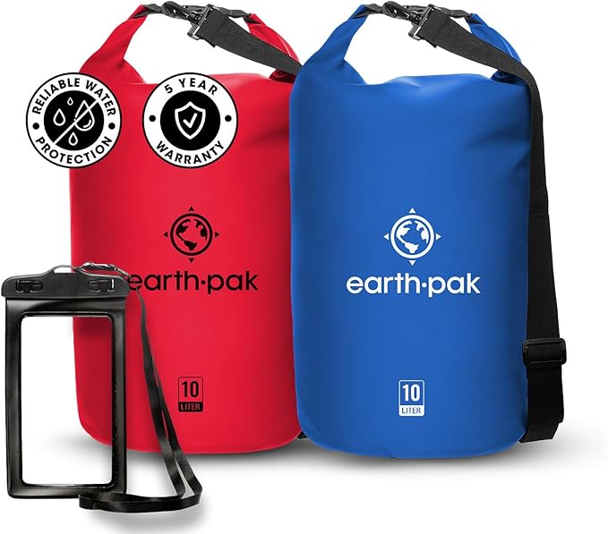Earth Pak Waterproof Dry Bag - Roll Top Waterproof Backpack Sack (20L Red & 20L Blue)