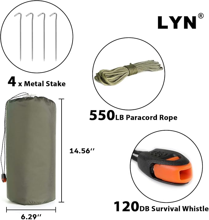 LYN Extra Large Zipper Reusable Survival Emergency Shelter Tent,Thermal Waterproof Fireproof Lightweight Bugout, with ParacordâStake for Camping,First Aid,Hiking&Bushcraft