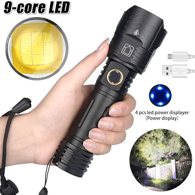 Flashlights Rechargeable High Lumens, 1200000 Lumens LED Tactical Flashlight, Powerful Super Bright Zoomable Handhed Flash Light Waterproof 5 Modes Best for Outdoor Camping