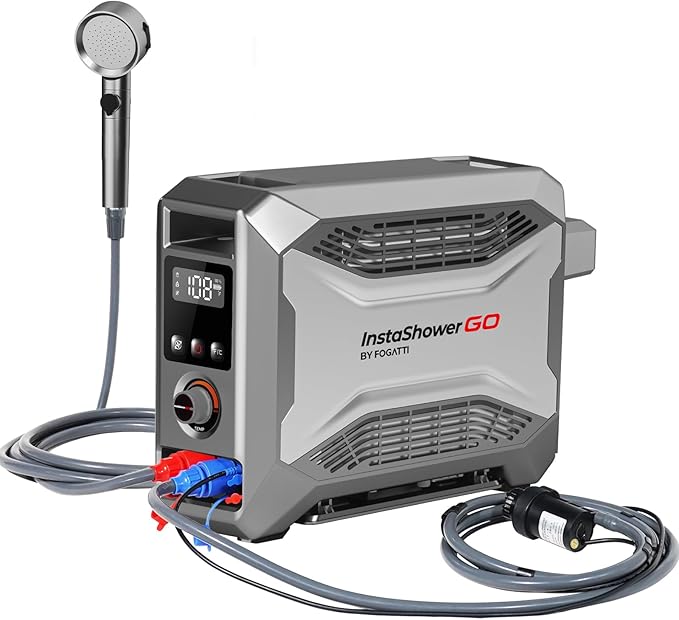 FOGATTI Portable Gas Water Heater, InstaShower GO, Propane, 19,000 BTU, with 5000mAh Rechargeable Built-in Battery, DC 12V, Outdoor Camping Shower with Tip-Over Protection, Safety Shutoff