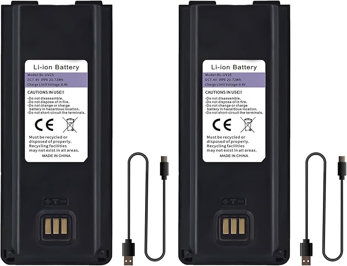BAOFENG 2 Pack UV-25 Battery BL-UV25 for UV-25 Pro Max Radio Type-C Charging BL-UV25 High Capacity Li-ion Battery DC7.4V for Walkie Talkie Accessories with Cables