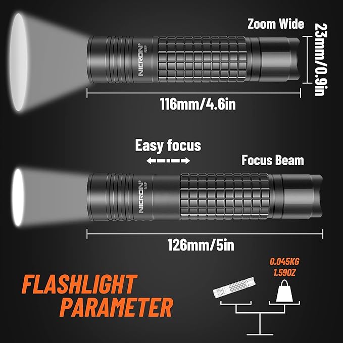 NICRON 800 Lumen N8F Flashlight with 5 Modes,Zoomable LED Flashlight with Rechargeable Battery and Micro-USB,IP65 Waterproof and Dustproof,Suitable for Camping,Hiking,Fishing, Jogging,Outdoors
