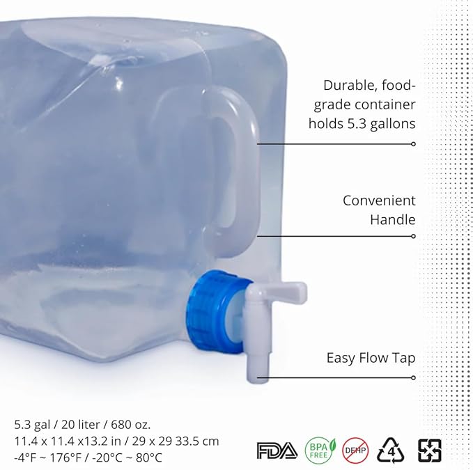 Collapsible Water Containers with Spigot 5.3 Gal - Portable, Reusable - BPA Free, Foldable, Leak-Proof Camping Water Jug for Outdoors, Hiking, Survival Kit, and Emergency Preparedness 4-Pack